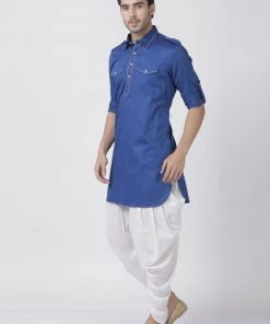 Vastramay Men's Blue Cotton Blend Pathani Suit Set