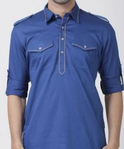 Vastramay Men's Blue Cotton Blend Pathani Suit Set