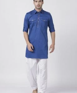 Vastramay Men's Blue Cotton Blend Pathani Suit Set