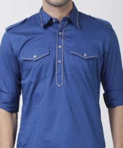 Vastramay Men's Blue Cotton Blend Pathani Suit Set