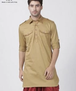 Vastramay Men's Beige Cotton Blend Kurta