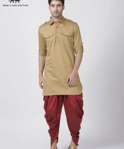 Vastramay Men's Beige Cotton Blend Pathani Suit Set