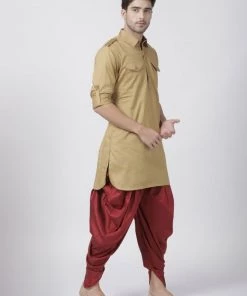 Vastramay Men's Beige Cotton Blend Pathani Suit Set