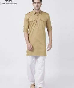 Vastramay Men's Beige Cotton Blend Pathani Suit Set