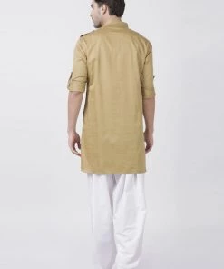 Vastramay Men's Beige Cotton Blend Pathani Suit Set