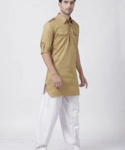 Vastramay Men's Beige Cotton Blend Pathani Suit Set