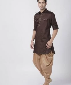 Vastramay Men's Brown Cotton Blend Pathani Suit Set