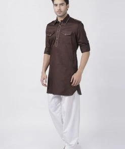 Vastramay Men's Brown Cotton Blend Pathani Suit Set