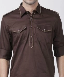 Vastramay Men's Brown Cotton Blend Pathani Suit Set