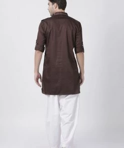 Vastramay Men's Brown Cotton Blend Pathani Suit Set