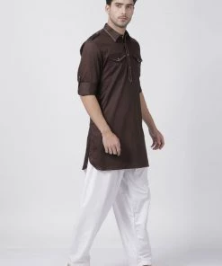 Vastramay Men's Brown Cotton Blend Pathani Suit Set