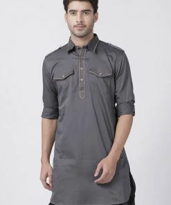 Vastramay Men's Grey Cotton Blend Kurta