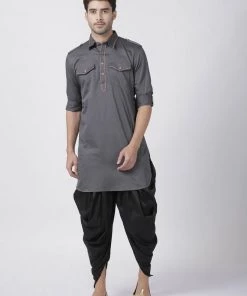 Vastramay Men's Grey Cotton Blend Kurta