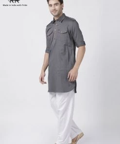 Vastramay Men's Grey Cotton Blend Pathani Suit Set Buy 1 Get 1