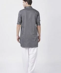Vastramay Men's Grey Cotton Blend Pathani Suit Set Buy 1 Get 1