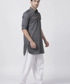 Vastramay Men's Grey Cotton Blend Pathani Suit Set Buy 1 Get 1