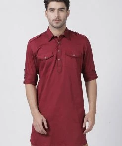 Vastramay Men's Maroon Cotton Blend Kurta