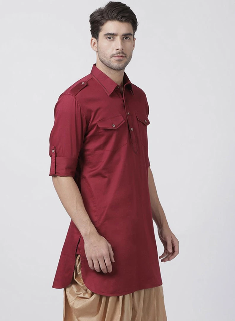 Vastramay Men's Maroon Cotton Blend Kurta 4 Vastramay Men's Maroon Cotton Blend Kurta