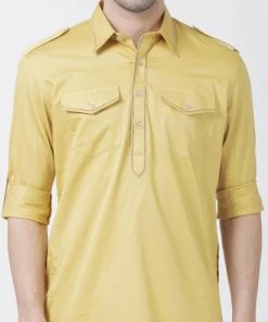 Vastramay Men's Yellow Cotton Blend Pathani Suit Set