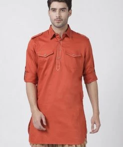 Vastramay Men's Orange Cotton Blend Kurta