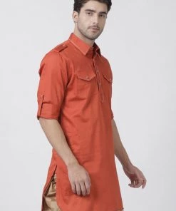 Vastramay Men's Orange Cotton Blend Kurta