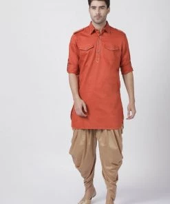 Vastramay Buy 1 Get 1 Men's Orange Cotton Blend Pathani Suit Set