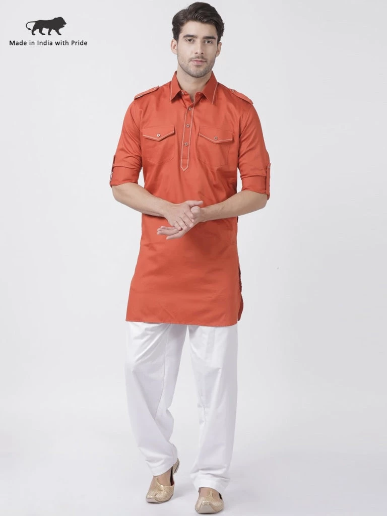 Vastramay Men's Orange Cotton Blend Pathani Suit Set Buy 1 Get 1 3 Vastramay Men's Orange Cotton Blend Pathani Suit Set Buy 1 Get 1