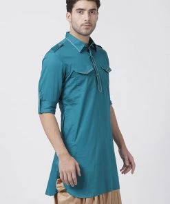 Vastramay Men's Dark Green Cotton Blend Kurta