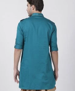 Vastramay Men's Dark Green Cotton Blend Kurta