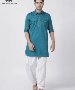 Vastramay Men's Dark Green Cotton Blend Pathani Suit Set