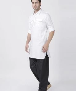Vastramay Men's White Cotton Blend Pathani Suit Set