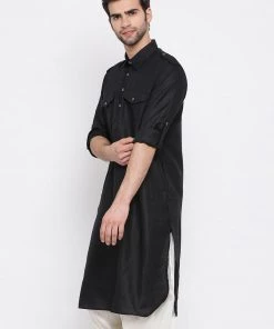 Vastramay Men's Black Cotton Blend Pathani Style Kurta