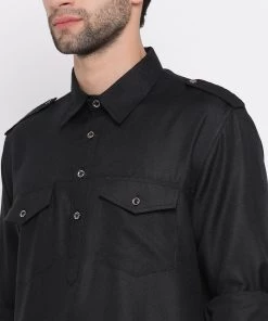 Vastramay Men's Black Cotton Blend Pathani Style Kurta