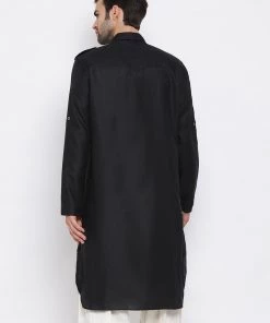 Vastramay Men's Black Cotton Blend Pathani Style Kurta