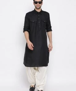 Vastramay Men's Black Cotton Blend Pathani Style Kurta