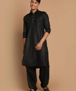 Vastramay Men's Black Cotton Blend Pathani Suit Set