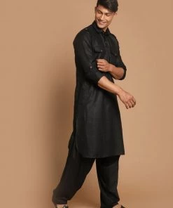 Vastramay Men's Black Cotton Blend Pathani Suit Set