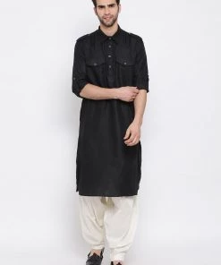 VASTRAMAY Men's Black Cotton Blend Pathani Suit Set