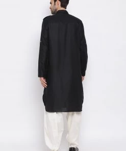 VASTRAMAY Men's Black Cotton Blend Pathani Suit Set