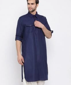Vastramay Men's Blue Cotton Blend Pathani Style Kurta