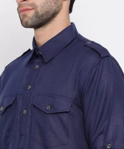 Vastramay Men's Blue Cotton Blend Pathani Style Kurta