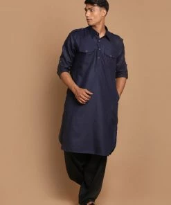 Vastramay Men's Blue Cotton Blend Pathani Suit Set