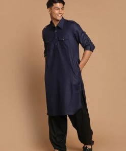 Vastramay Men's Blue Cotton Blend Pathani Suit Set