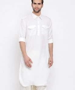 VASTRAMAY Men's Cream Cotton Blend Pathani Style Kurta