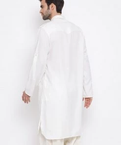 VASTRAMAY Men's Cream Cotton Blend Pathani Style Kurta