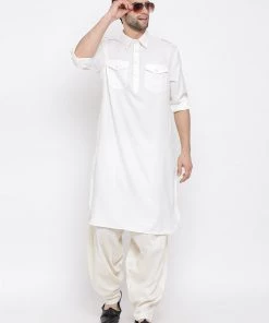 VASTRAMAY Men's Cream Cotton Blend Pathani Style Kurta