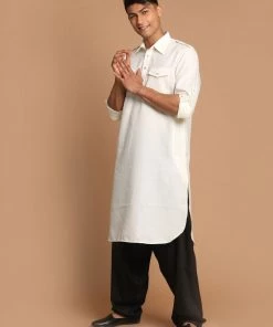 Vastramay Men's Cream Cotton Blend Pathani Suit Set