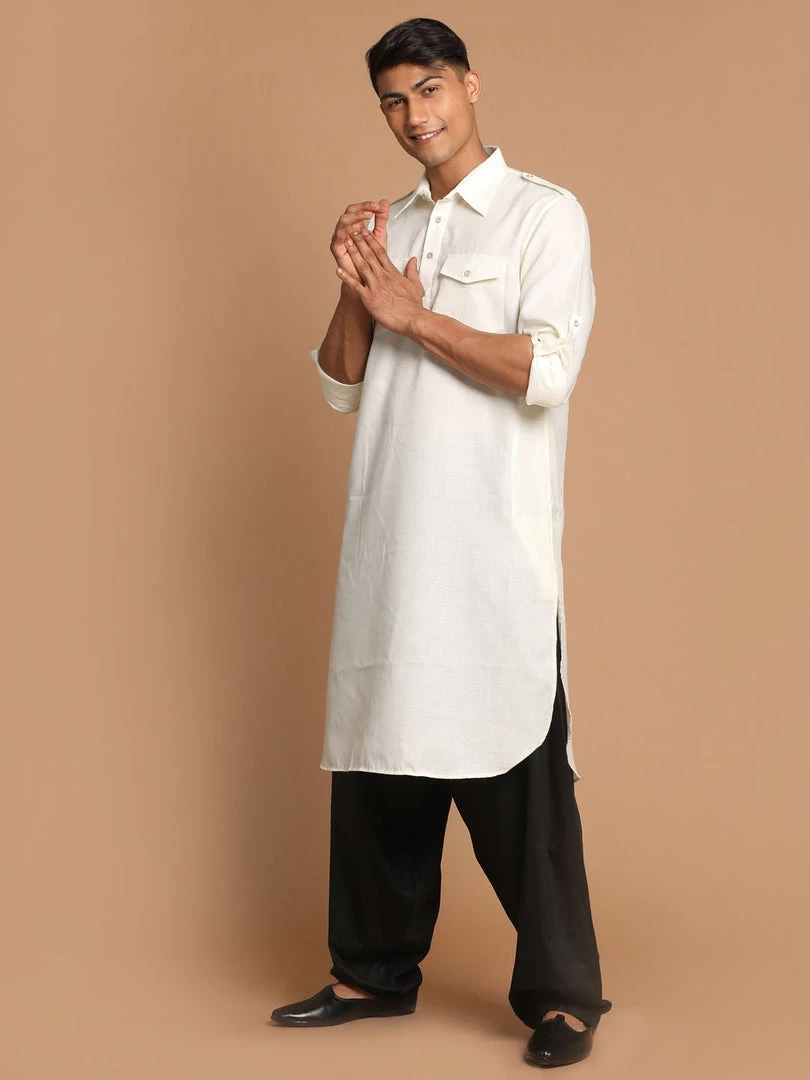 Vastramay Men's Cream Cotton Blend Pathani Suit Set 4 Vastramay Men's Cream Cotton Blend Pathani Suit Set