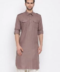 Vastramay Men's Grey Cotton Blend Pathani Style Kurta Buy 1 Get 1