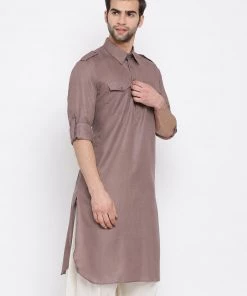 Vastramay Men's Grey Cotton Blend Pathani Style Kurta Buy 1 Get 1